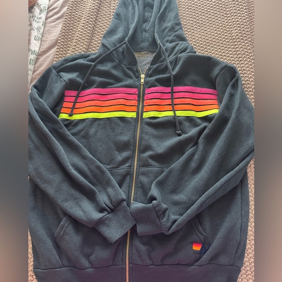 Aviator Nation Dark Blue Hoodie with Multicolor Stripes - Picture 2 of 4